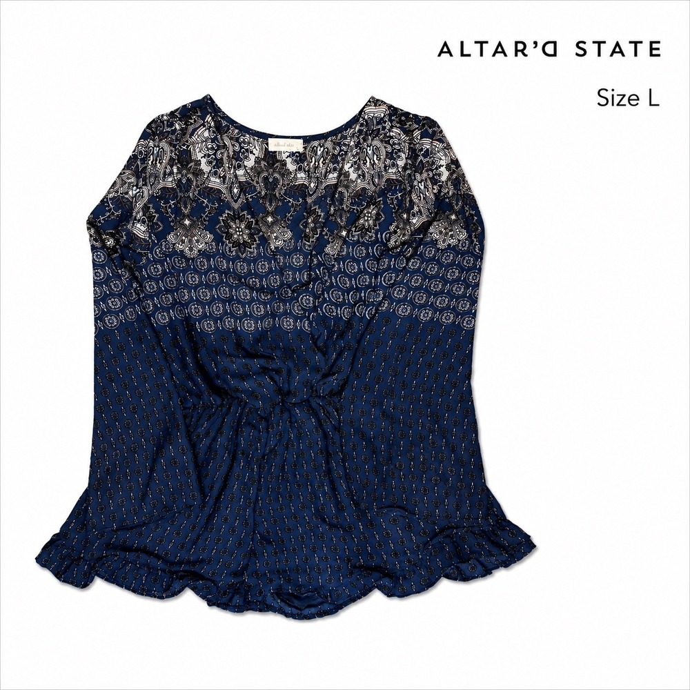 Altar'd State Blue Paisley Boho Festival Romper Ruffle Hem Size Large EUC